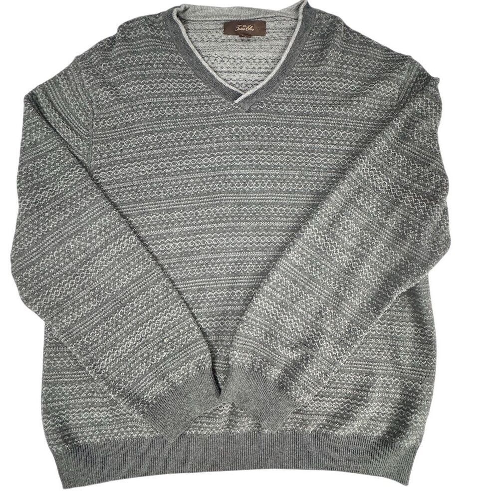 Tasso Elba Men's XL Gray Fair Isle V-Neck Cotton Sweater Pullover
